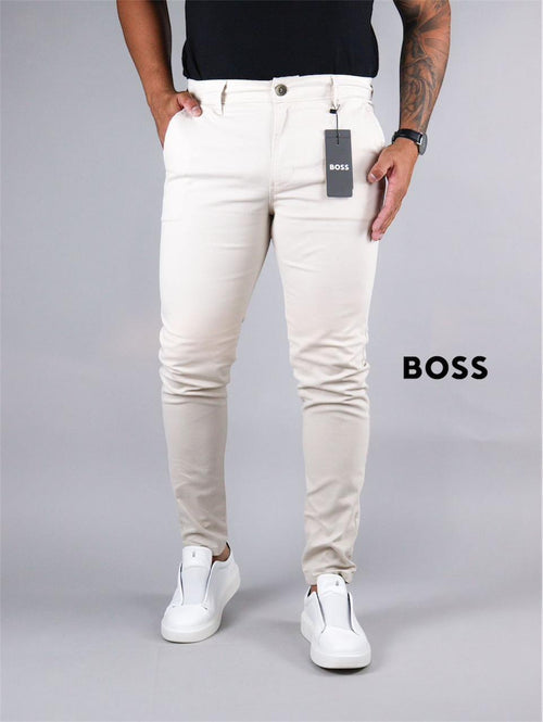 Calça Boss de Sarja Chino Stretch Slim Fit - Creme